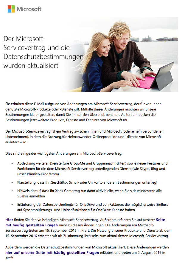 Microsoft Servicevertrag Email